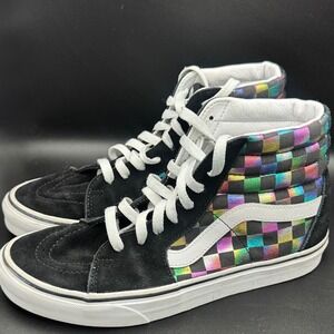 Vans Sk8 Hi Rainbow Checkerboard High Top Black Suede Rare Find Men 7 Women 8.5